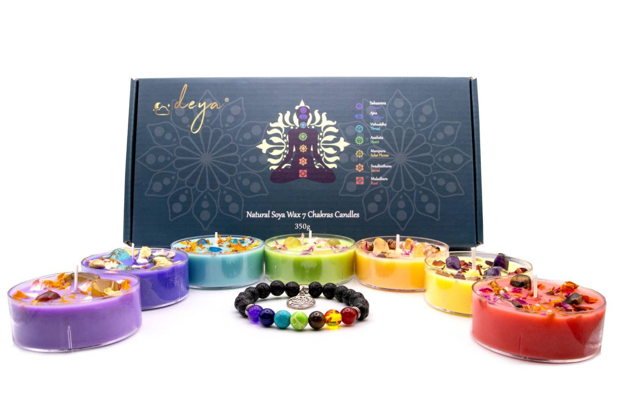 Complete Set of 7 Chakra Scented Soy Wax Candles Infused with Crystals and Flowers